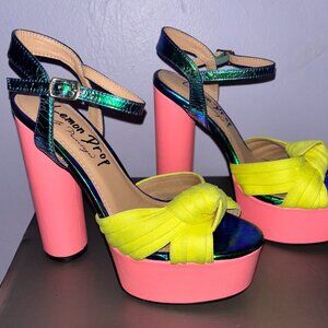 Privileged Lemon Drop Heels Size 7 – Neon Yellow & Pink Platform Sandals, 5.5”